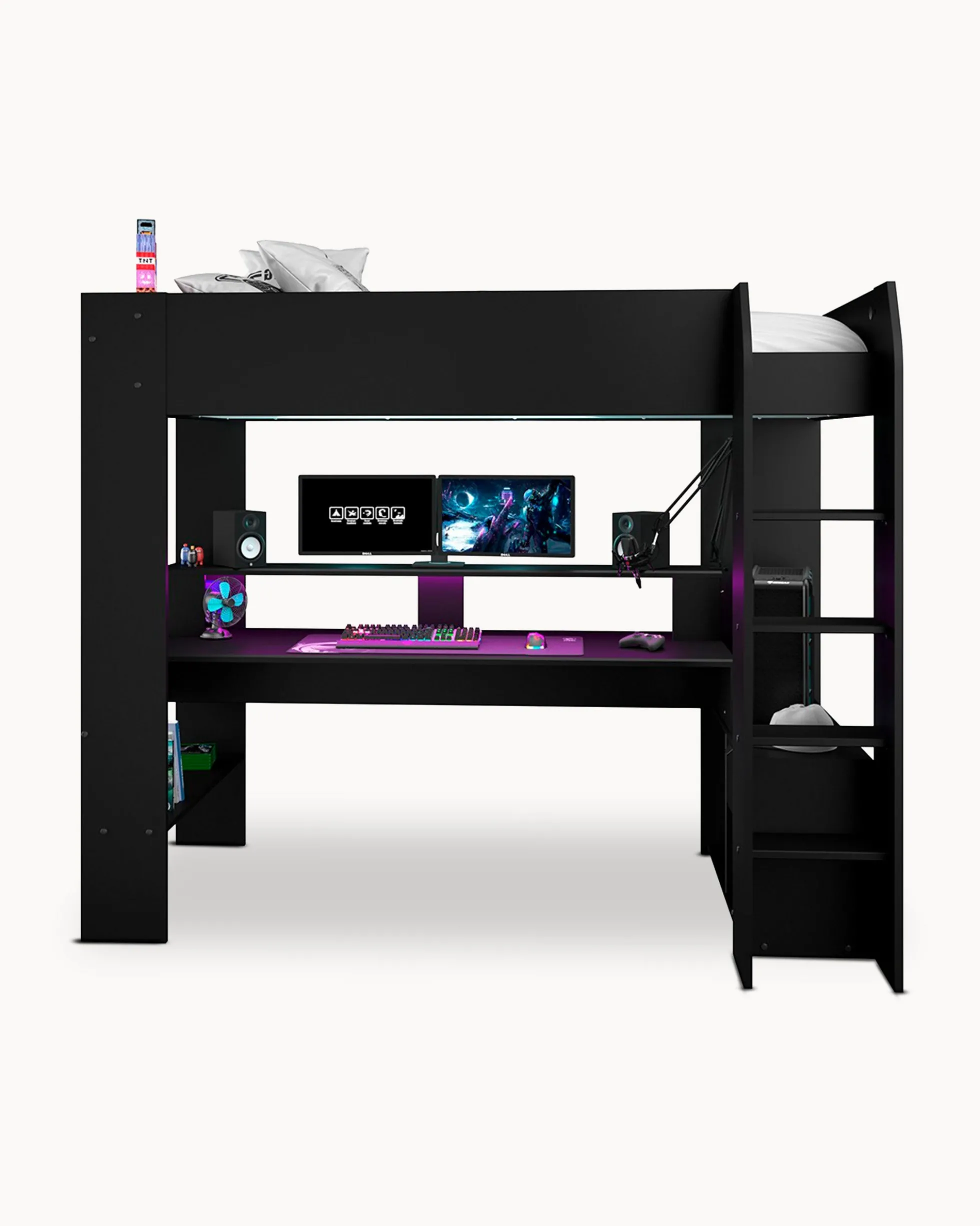 Cama alta gamer ONLINE com LED e secretária