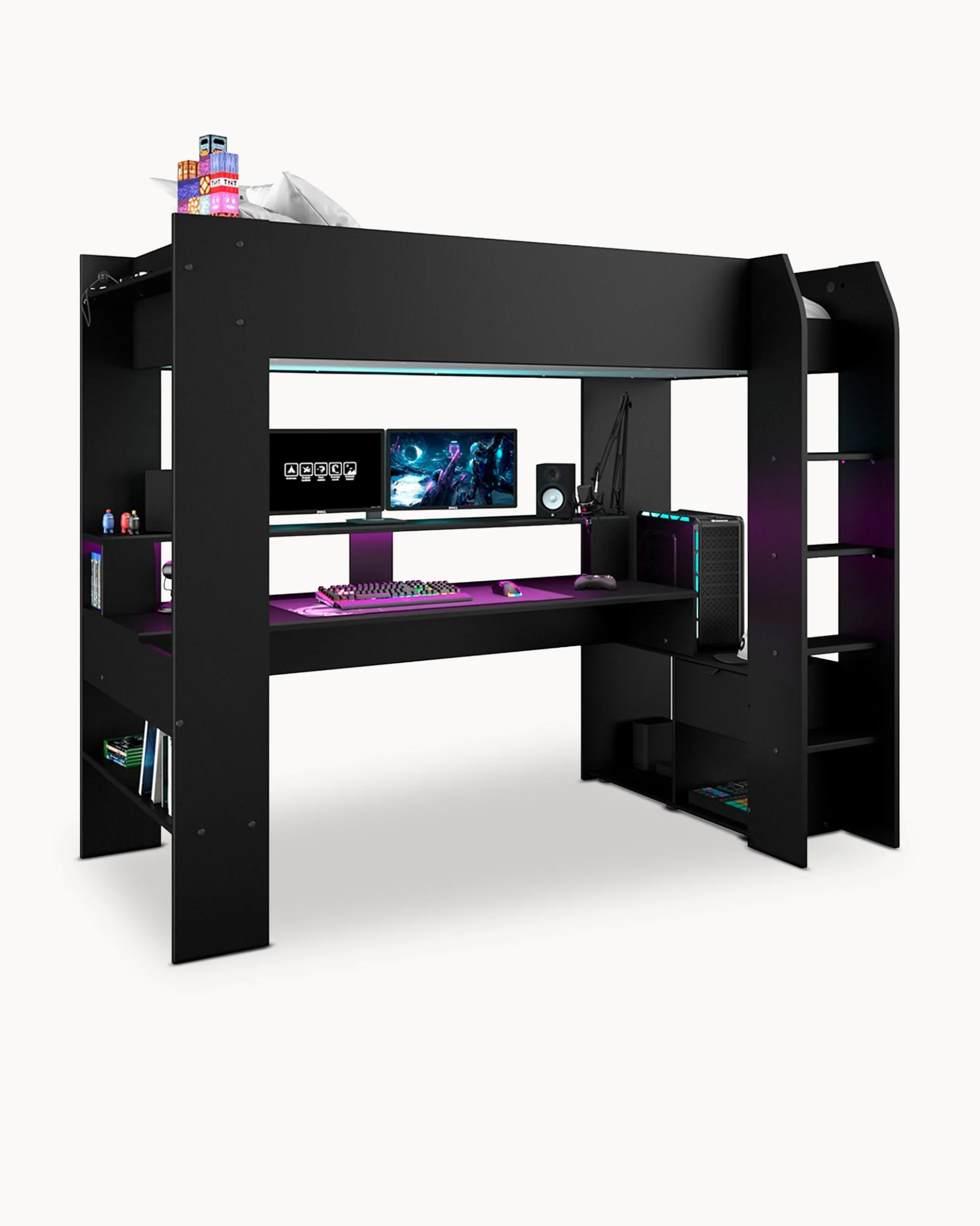 Cama alta gamer ONLINE com LED e secretária