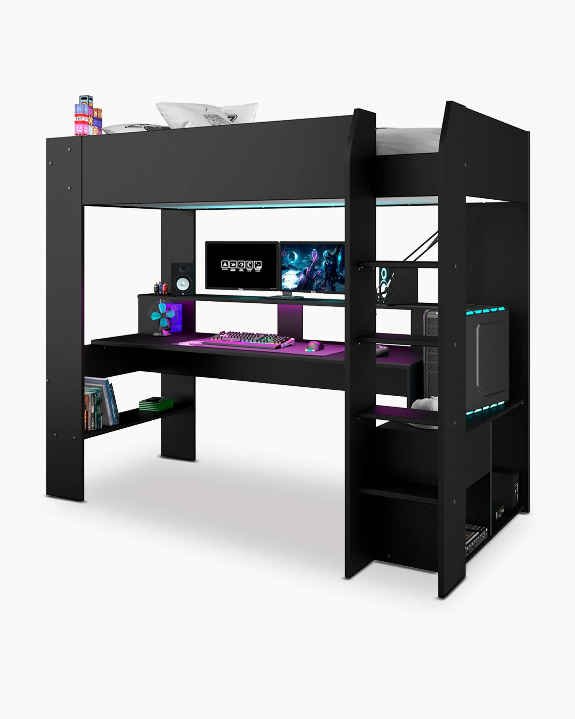 Cama alta gamer ONLINE com LED e secretária