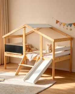 Cama alta infantil SLIDER com escorrega e quadro de lousa