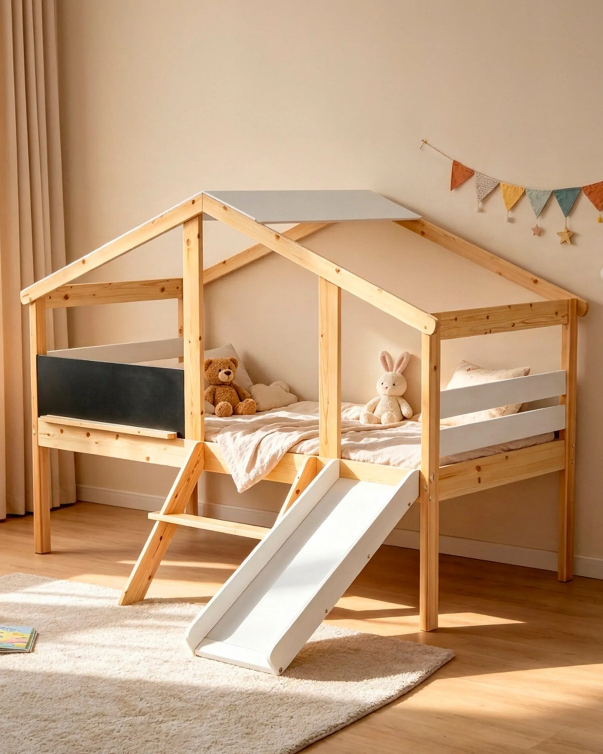 Cama alta infantil SLIDER com escorrega e quadro de lousa