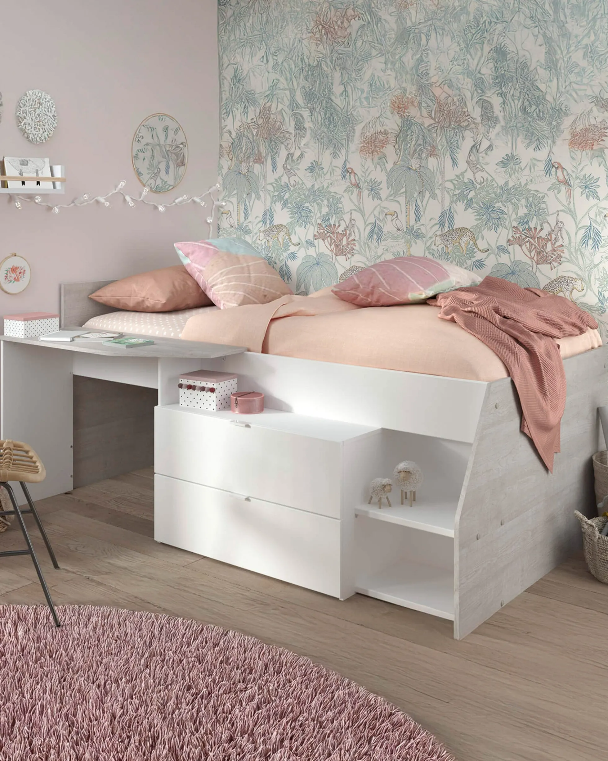 Cama alta MILKY com 2 gavetas e secretária