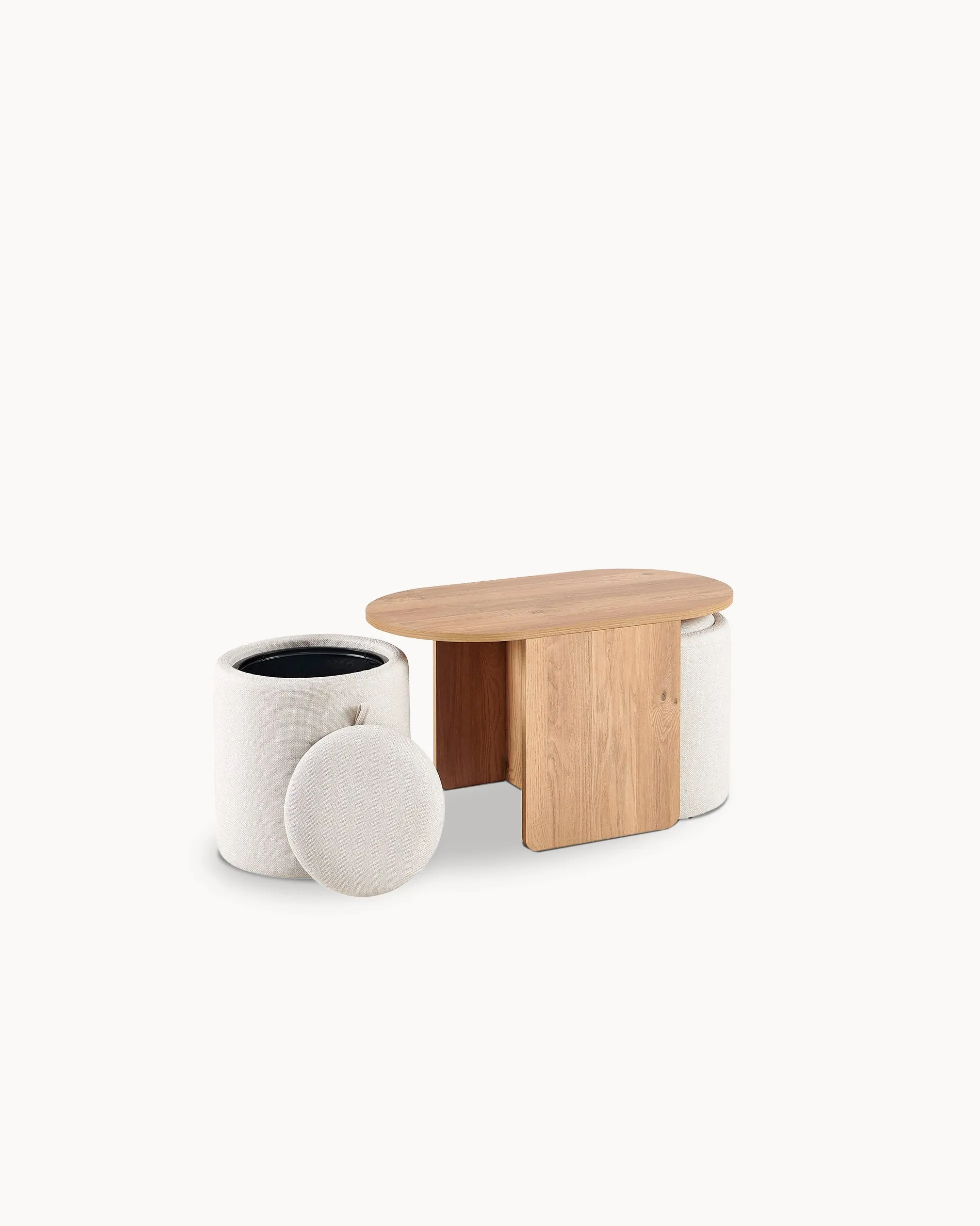 Mesa de centro WELLS com 2 puffs com arrumação
