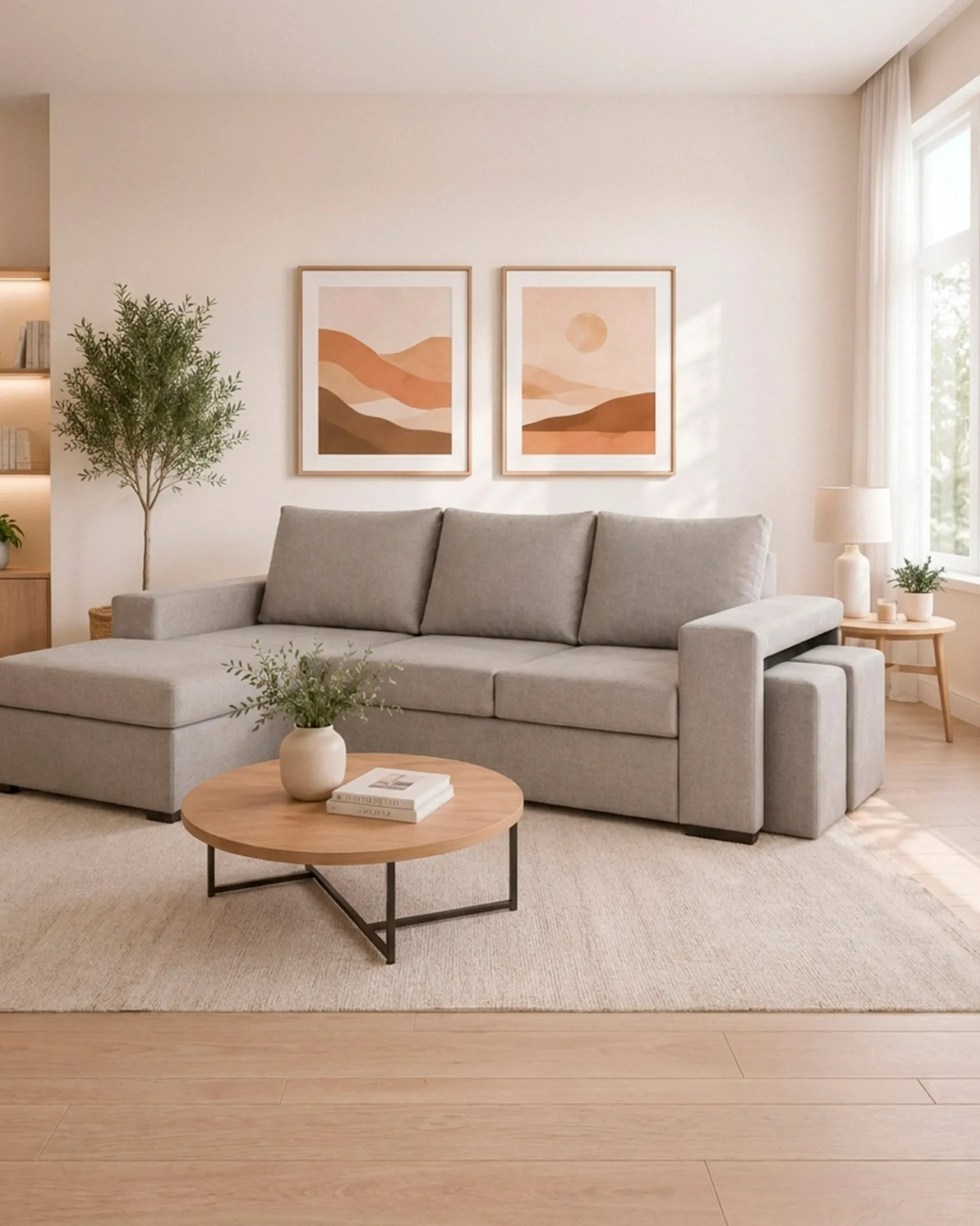 Sofá chaise longue reversível CASTELO com puffs