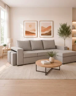 Sofá chaise longue reversível CASTELO com puffs