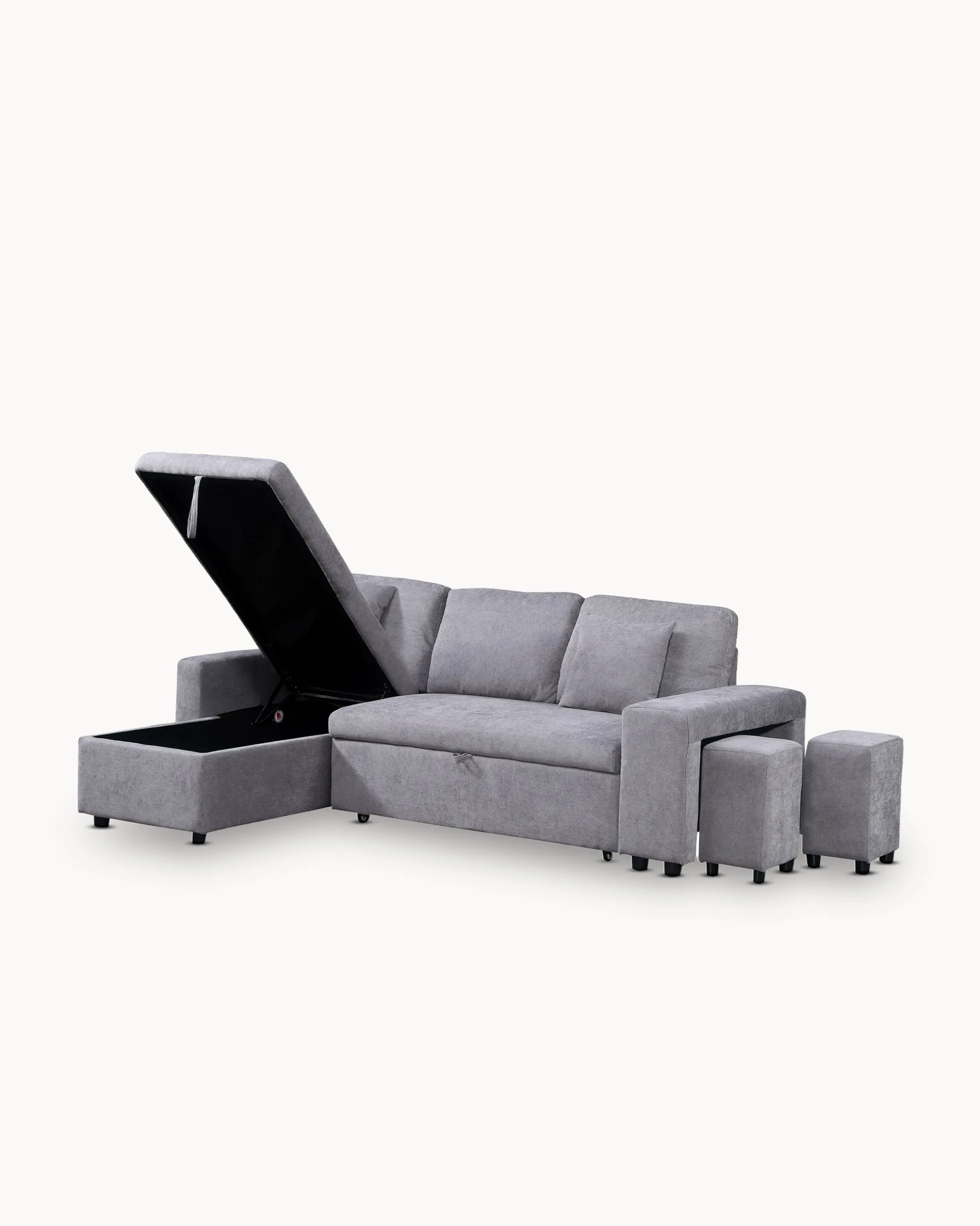 Sofá chaise longue reversível TOPAZIO com cama, baú e puffs