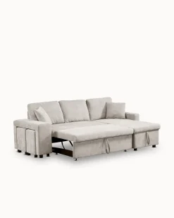 Sofá chaise longue reversível TOPAZIO com cama, baú e puffs