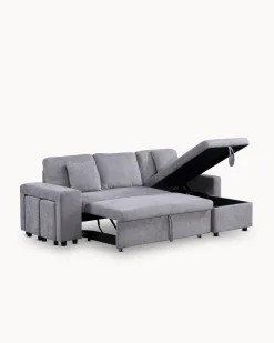 Sofá chaise longue reversível TOPAZIO com cama, baú e puffs