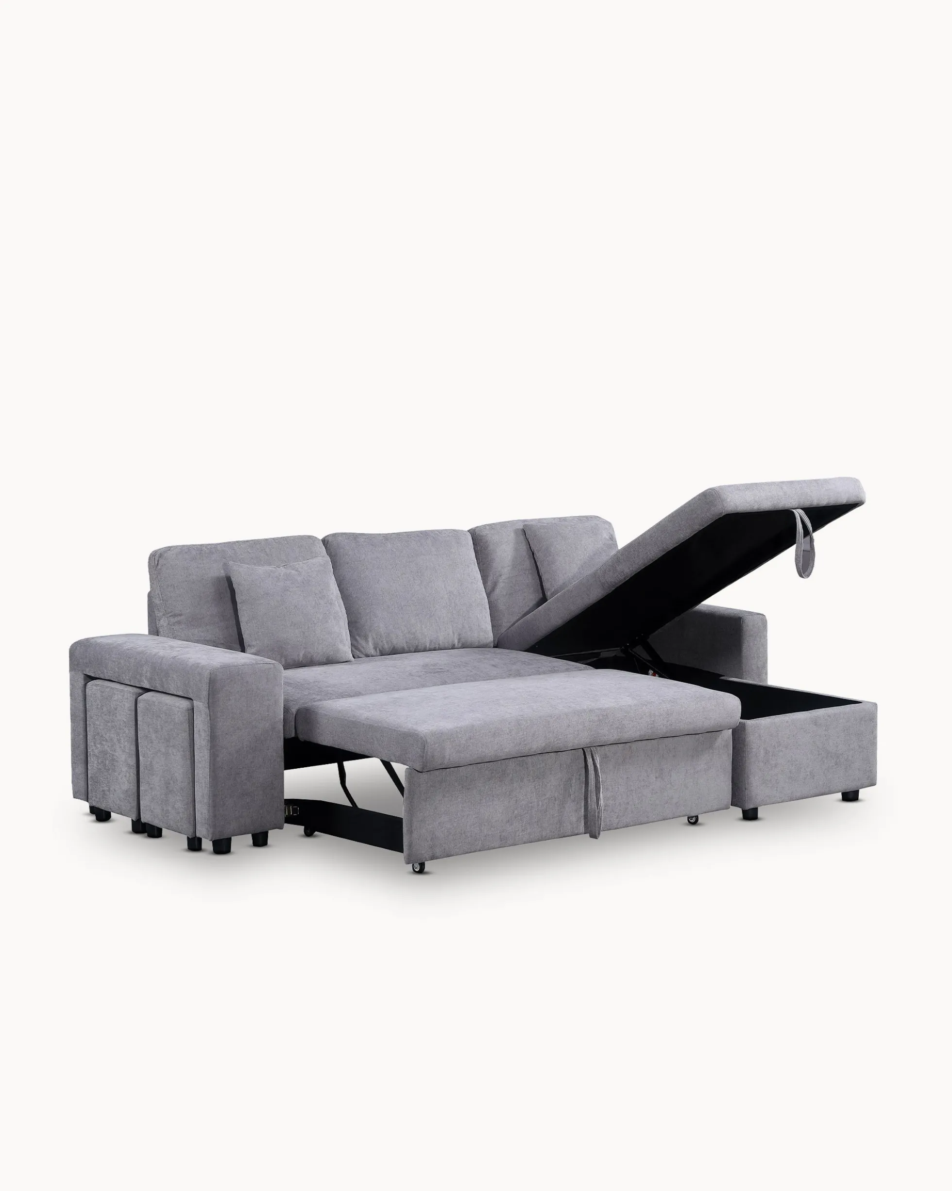 Sofá chaise longue reversível TOPAZIO com cama, baú e puffs