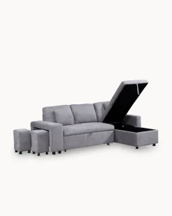 Sofá chaise longue reversível TOPAZIO com cama, baú e puffs