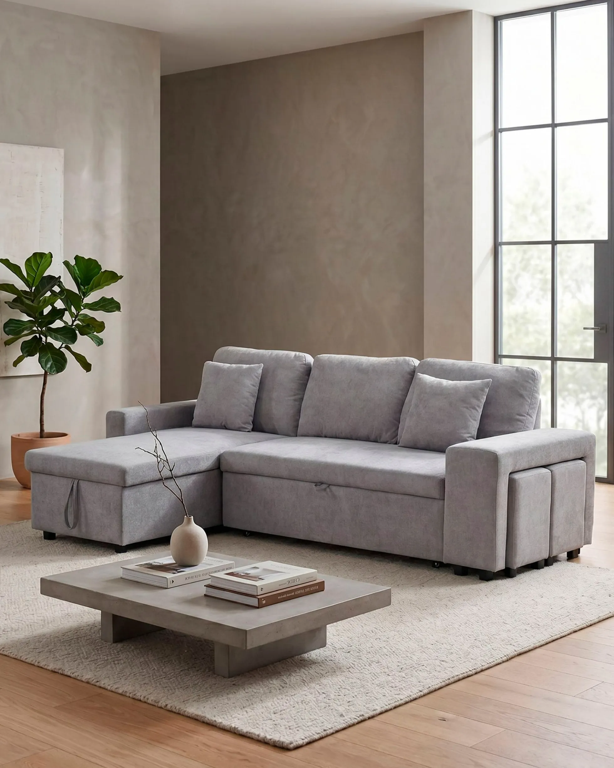 Sofá chaise longue reversível TOPAZIO com cama, baú e puffs