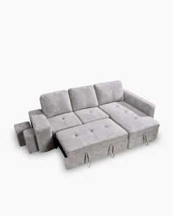 Sofá chaise longue STACY II com cama, baú e puffs