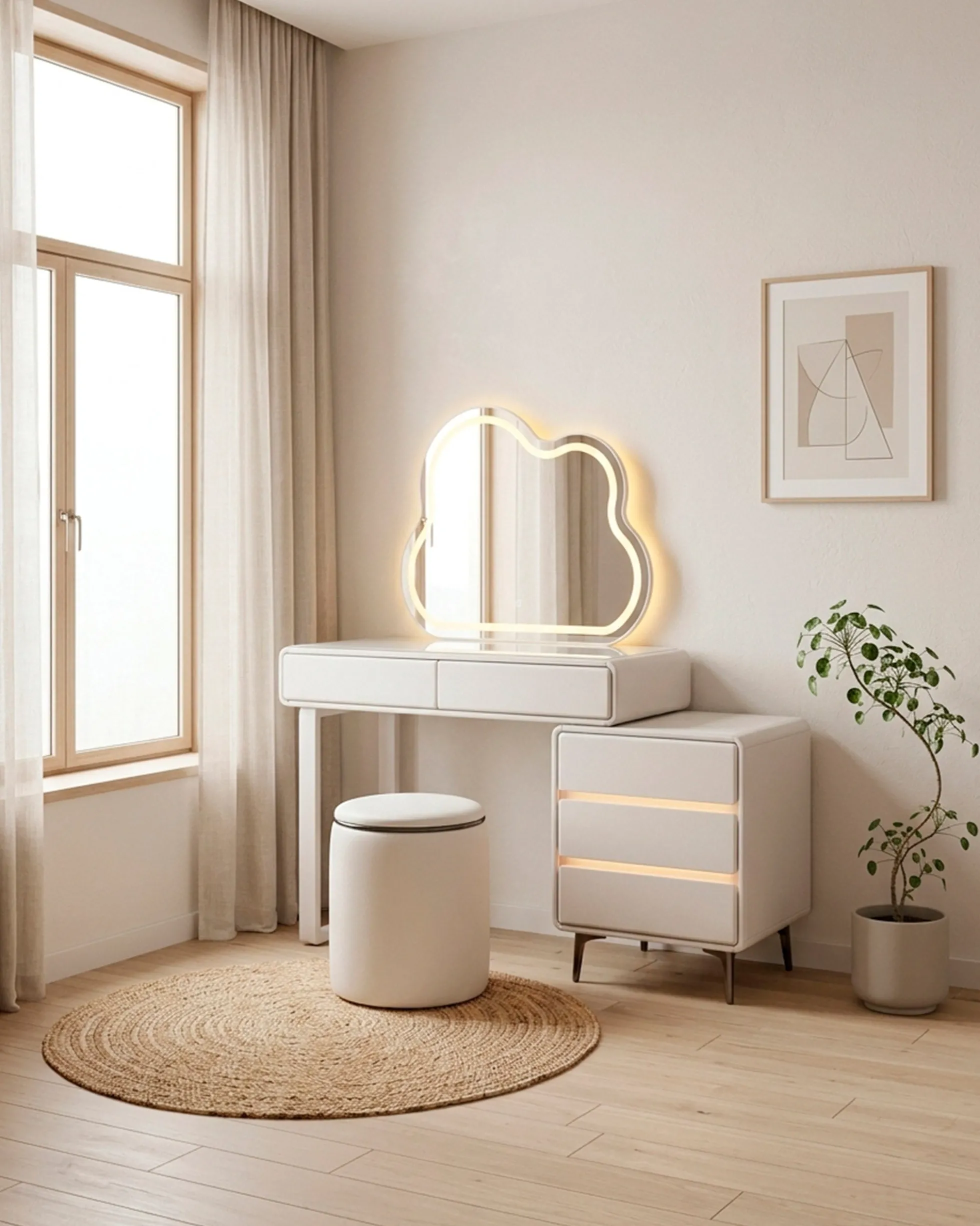 Toucador KUMO com espelho com iluminação LED e puff